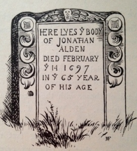 Illustration of Jonathan Alden's gravestone from Historic Duxbury in Plymouth County, 1900.